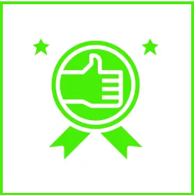 Thumbs-up badge with stars and ribbons.