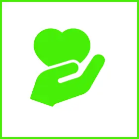 Green heart and hand icon on white.