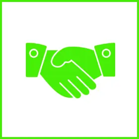 Green handshake icon on white background.