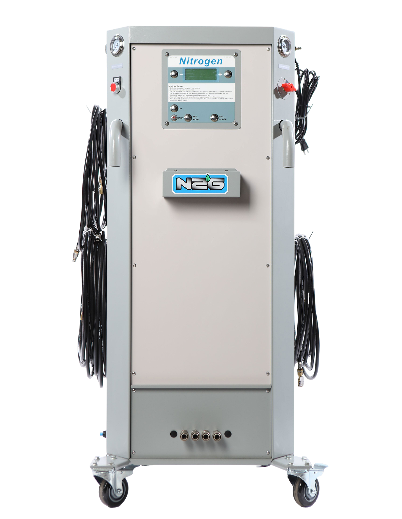 Nitrogen generator machine on wheels, black background.